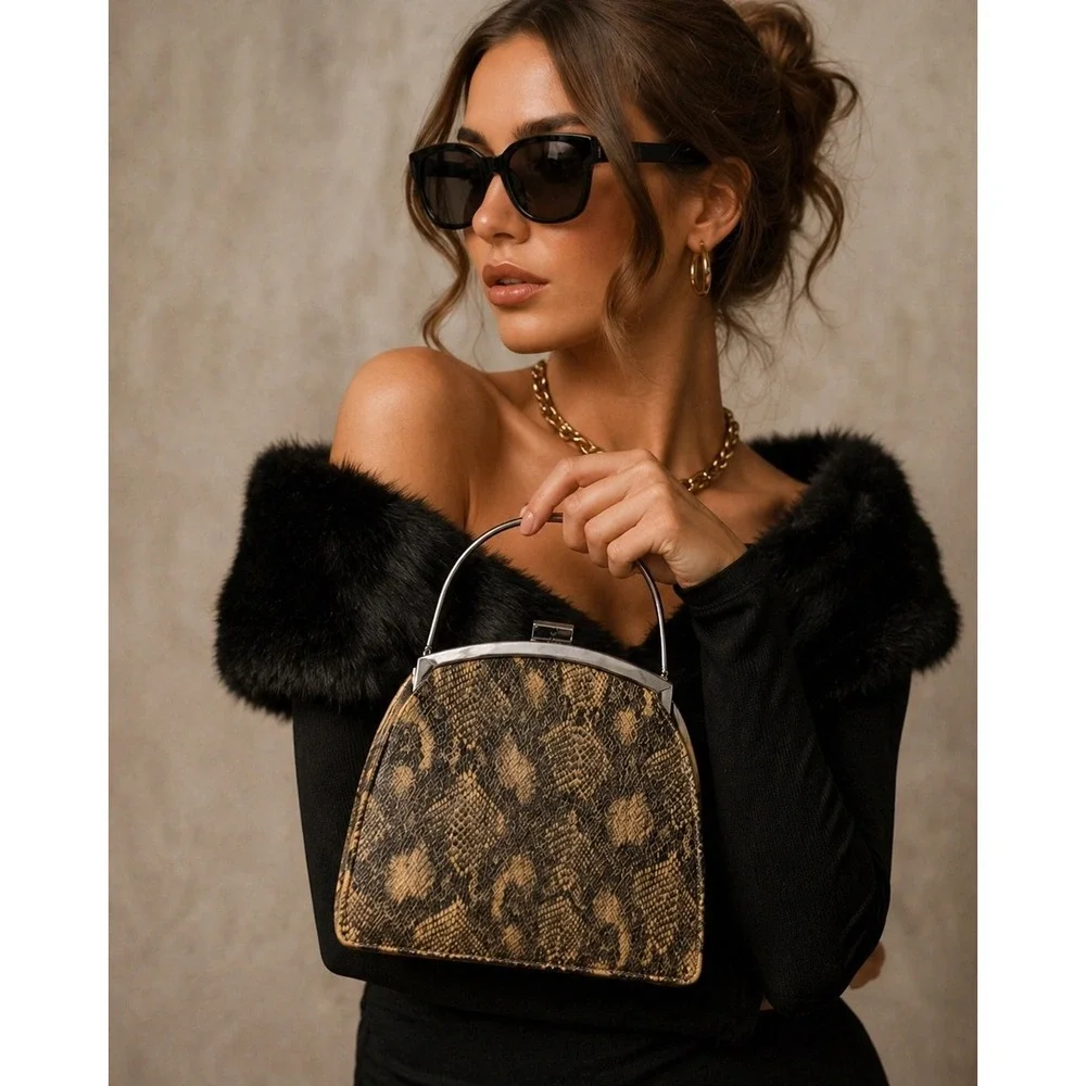 Vintage Snake‎ Print Handbag Top Handle Clutch Old Hollywood Glam Evening Bag